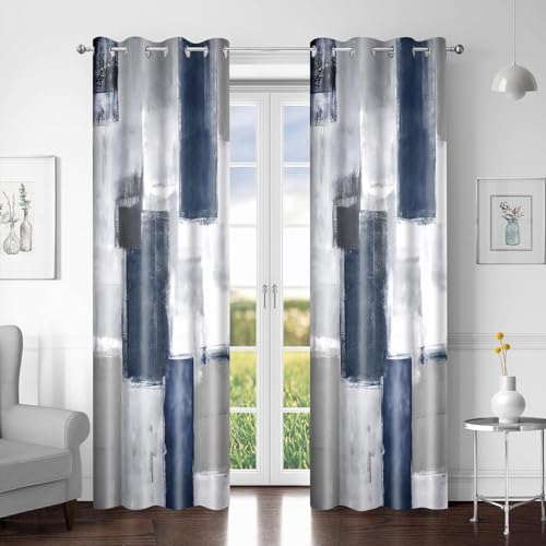 AHBEWIN Blue Abstract Blackout Curtains 2 Panels for Living Room Black White Gray Navy Blue Oil Art Painting Curtain 84 inches Long Modern Geometric Room Darking Drapes for Bedroom, 52x84in