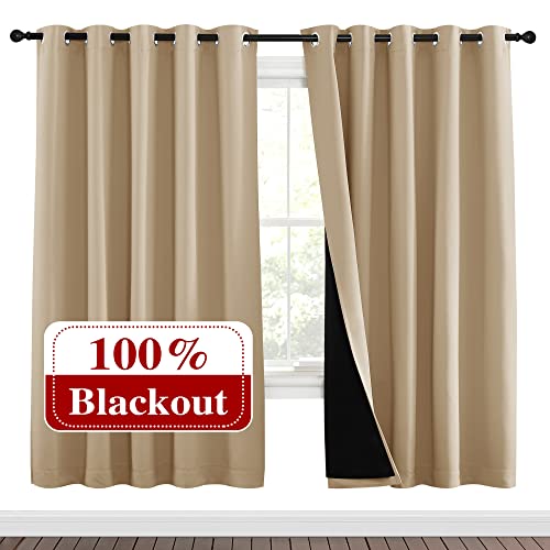 NICETOWN Living Room Completely Shaded Draperies, Privacy Protection & Noise Reducing Ring Top Drapes, Black Lined Insulated Window Treatment Curtain