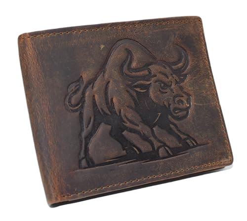 MARSHAL Men’s Cowboy Western Wallet RFID Blocking Vinatge Leather Bifold with Charging Bull Design (Brown)