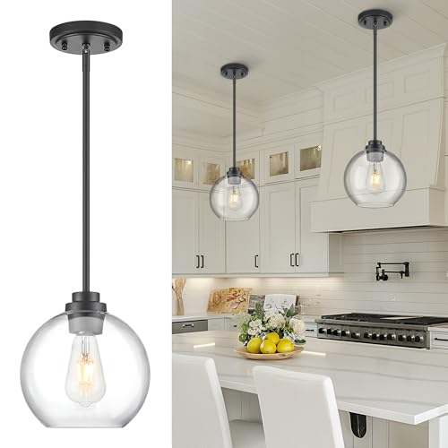 Image of Black Pendant Lights Kitchen Island, 8 inch Pendant Light Fixtures with Globe Clear Glass Shade, Modern Kitchen Island Lighting, AD-22280-1PL-BK