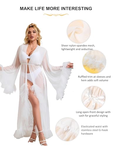 ohyeah Plus Size Lingerie Tulle Robe Lace Sheer Fancy Robe for Women Long Bridal Lingerie Wedding Scarf Nightgown3