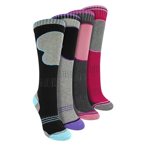 4 Pack Girls Ski Socks | Sock Snob | Thick Thermal Winter Socks for Kids (11-14 Years, Assorted)
