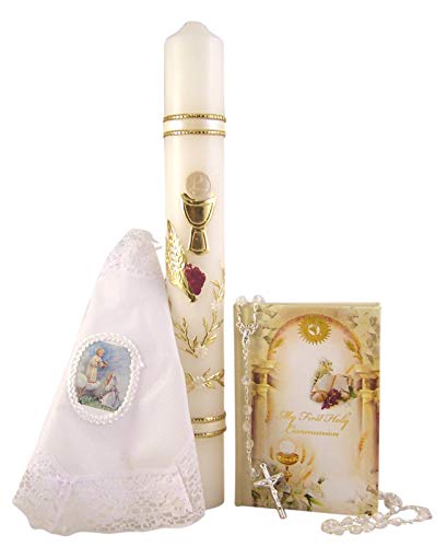 Girl's My First Holy Communion Candle Gift Set With Mass Book, Rosary, And Handkerchief #TOP24