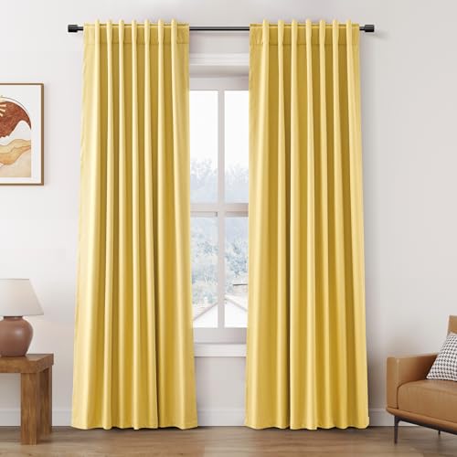 Image of Nanspring Gold Yellow 100% Blackout Linen Curtains 84 Inch Length 2 Panels Set for Bedroom Back Tab Modern Farmhouse Decor Black Out Curtain for Living Room Office Thermal Insulated Drapes 52x84