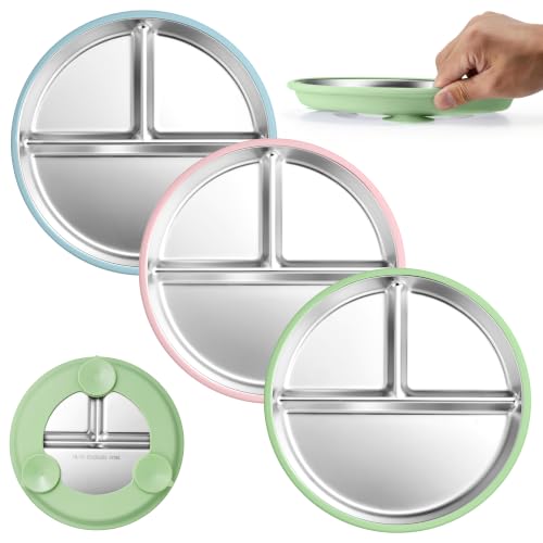 Image of Homikit Stainless Steel Toddler Plates with Suction for Weaning, 3 Pack