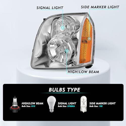 TUSDAR Headlight Assembly Set for 2007 2008 2009 2010 2011 2012 2013 2014 GMC Yukon OEM Replacement Chrome Headlamp Pair Driver and Paseenger Side - Image 3