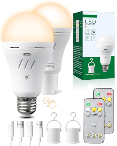 Shiptree Bombilla Recargable USB C con Control Remoto y Táctil, E27 Multifunción Bombilla LED con 3 Temperaturas de Color Regulable, Bombilla Inalámbrica Para uso Interior & Exterior - 2 pieza