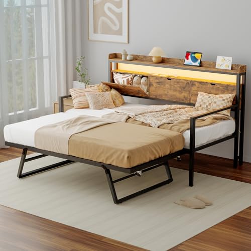 MU Twin Daybed with Pop Up Trundle, Metal Day Bed with Charging Station, LED Lights and Storage Headboard, Twin to King Sofa Bed for Living Room, Bedroom and Guest Room, Rustic Brown