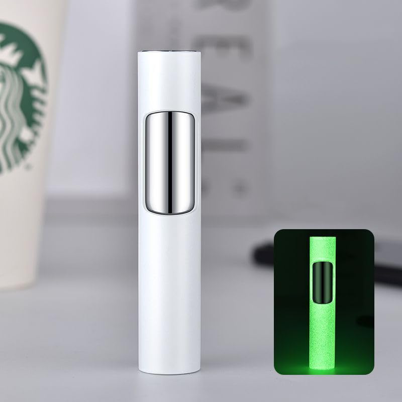 Cylindrical windproof luminous Portable Cigar Lighter Adjustable Butane Lighter Single Jet Flame, Refillable, Side Switch (White)