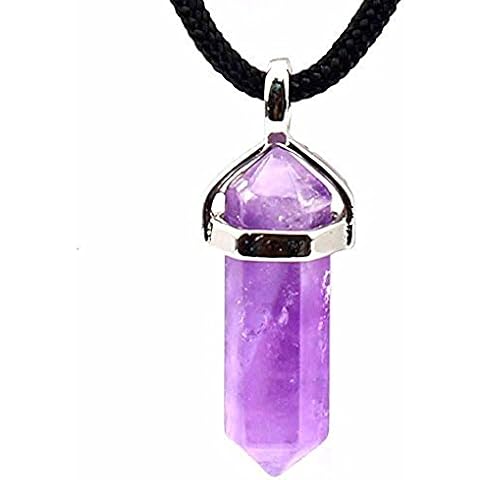 Aituo Gemstone Stone Crystal Quartz Faceted 6 Pyramid Chakra Sliver Pendant Necklace (Purple) Cover