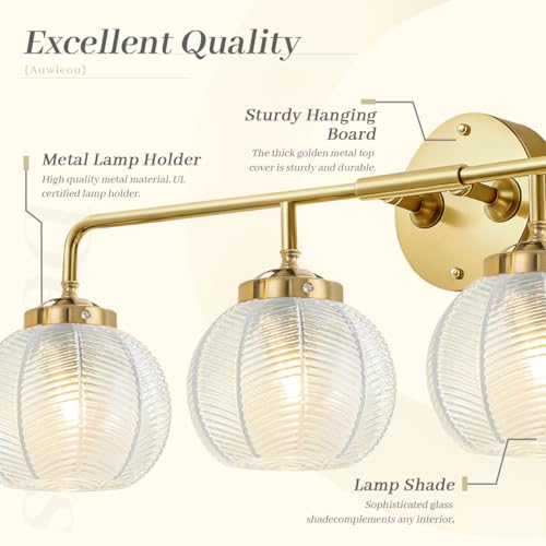 Image of 4-Light Brushed Gold Clear Glass Globe Wall Sconce, 27.2-inch | Gold Vanity Lights, 5.9 inch Clear Glass Shade, E26 Base, Living Room, Bedroom, Bathroom, Renters, Indoor Lighting, Wall Lamps