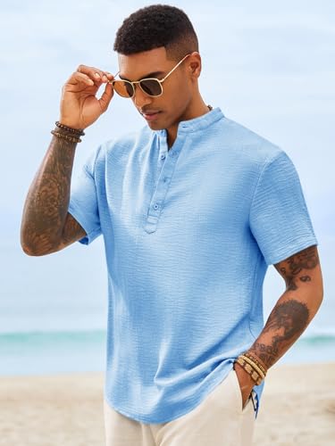 Image of Runcati Mens Casual Henley Shirt Short Sleeve Band Collar Textured Shirts Summer Beach Hippie T-Shirts