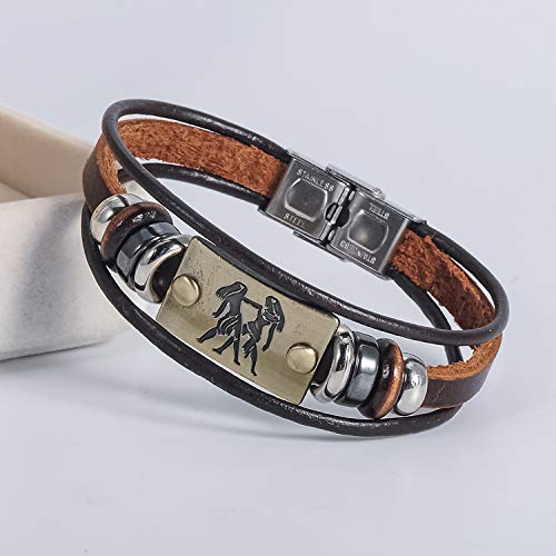 Image of Young & Forever Zodiac Sign Multi-Strand Genuine Leather Bracelet for Men & Boys - Adjustable Tribal Wristband with Antique Metal Charm