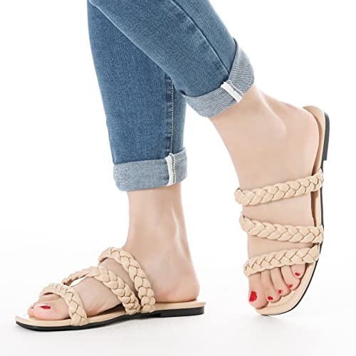 Image of Mtzyoa Women's Strappy Flat Sandals with Toe Ring | Lightweight Walking Slides | Summer Beach Wedding Shoes | Black | Casual Dressy Vacation