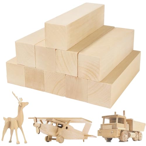 Bloki do Rzeźbienia z Drewna Lipowego, Zestaw Startowy do Rzeźbienia, Półfabrykaty Drewniane dla Początkujących i Dzieci, 10 Sztuk 10×2,5×2,5 cm, Miękkie Drewno Lipowe