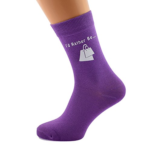 MC GIFT CO I'd Rather be Shopping with Bags Image Printed in White Vinyl on Ladies PURPLE Cotton Blend Socks. UK adult 4-8. Great Mothers Day Present
