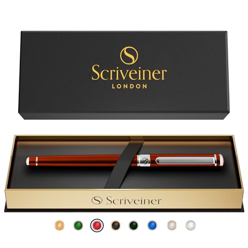 Image of Scriveiner Deep Crimson Red Rollerball - Stunning Red Lacquer Luxury Pen with Chrome Finish, Schmidt Ink Refills, Roller Ball Pen Gift Set for Men & Women, Professional, Executive, Office, Nice Pens
