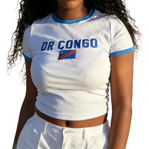 Cute Color Block Jersey Shirts 2000s Vintage Short Sleeve Top Y2k Jamaica Graphic Baby Tees Women (Dr Congo White Medium)