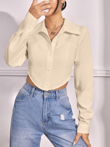 Image of GRECIILOOKS Women`s Oversized Fit Crop Top Shirt | Casual Long Sleev Stylish Collared Shirts for Womens | Comfortable Rich Korean Button Down | Formal Look Stylish Trendy Shirts