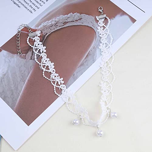YienDoo Vintage Lace Choker Necklace White Gothic Lace Pattern Necklace Punk Tassel White Pearl Beaded Pendant Choker Princess Bridal Lace Lolita Statement Necklace Jewelry for Women3