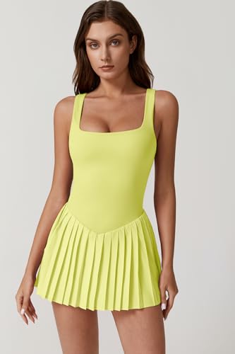 Image of QINSEN Womens Square Neck Tennis Dress Pleated Sleeveless Built in Shorts Golf Athletic Dress with Pockets