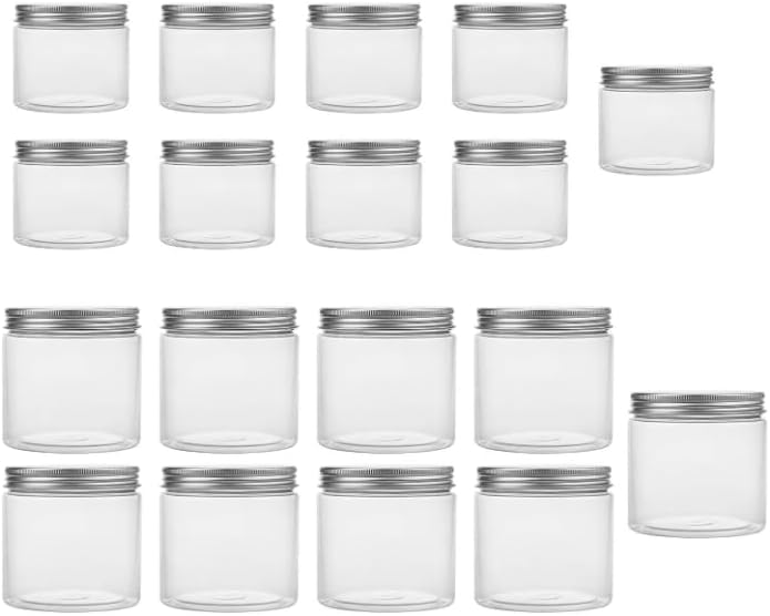 18 Pack Clear Plastic Jars Bottles 250ML Containers with Silver Metal Lids Transparent Storage Container for Slime Kitchen Dry Goods and More