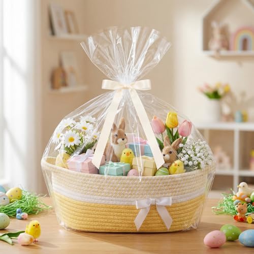 Image of Colingmill 1 Set Woven Basket for Gift Empty with Cellophane Wrap Set 14 x 10 x 5.5 Inch, Medium Decorative Gift Basket Empty to Fill, Cotton Rope Storage Box Decor (Light Yellow White)