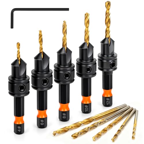 Lmutexyi Countersink Drill Bit Set 11pcs Countersink Drill Bits#4 #6 #8 #10 #12 Titanium Coated 1/4 Inch Hex Shank Adjustable Depth Pilot Hole Drill Bits Countersink Drill Bit for Wood