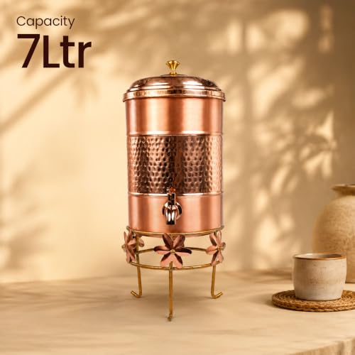 Image of Artarium Pure Copper Water Dispenser 7 Litre with Tap, Handcrafted Semi-Hammered Copper Water Storage Container with Lid, Ayurvedic Water Dispenser for Home, Kitchen, Office & Dining