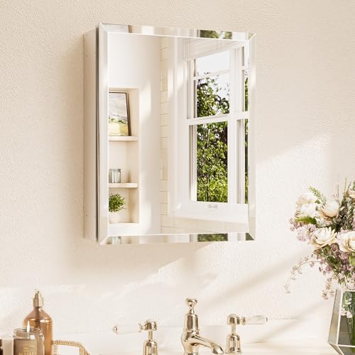 TETOTE 16 x 20 Bathroom Mirror with Storage with Tempered Beveled Mirror Silver Medicine Cabinet Aluminum Cabinet DTC Hinges, Stepless Adjustable Shelves, Recessed/Surface-Mounted