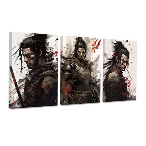 Image of CCWACPP 3 Piece Samurai Wall Art Japan Painting Canvas Print Warrior Figure Pictures Bushido Posters Japanese Culture Theme Artwork Home Room Decor Framed (A, (20 inchx28 inchx3))