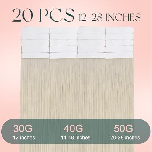 Image of Easyouth Blonde Tape in Hair Extensions Human Hair, White Blonde Tape in Extensions Human Hair, 12 Inch 20pcs 30g, for Women, for Wedding, Seamless Tape in Hair Extension Real Human Hair
