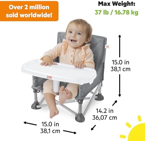 Bright Starts Pop 'N Sit Portable Booster, Indoor/Outdoor Use, Floor Seat with Feeding Tray, Grey, 6 Mos - 3 Yrs - 3