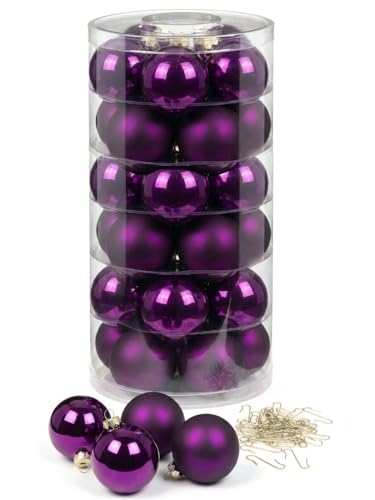 Inge Glas Weihnachtskugeln mit Haken | Schöne Christbaumkugeln aus Glas | Set 30 Kugeln und 40 Aufhänger | Christbaumschmuck Weihnachtsbaumkugeln (Purple Symphony | lila)