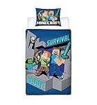 Minecraft Survive Single Duvet Cover Officially Licensed | Reversible 2 Sided Survive Design with Matching Pillowcase, Polycotton, Blue (Single)