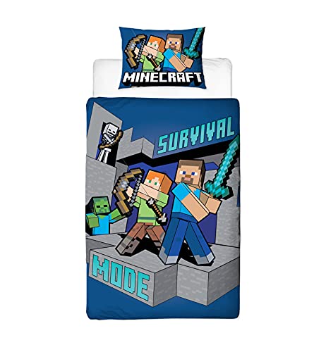 Minecraft Survive Single Duvet Cover Officially Licensed | Reversible 2 Sided Survive Design with Matching Pillowcase Polycotton Blue (Single)
