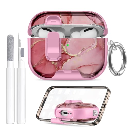 Image of Compatible Airpods Pro 3 Case (2025) with Phone Stand & Cleaner Kit,Print Soft Silicone Lock Clip Apple AirPods Pro 3rd Generation Case, Airpod Pro 3 Cover with Keychain for Women /Girls,Pink Marble