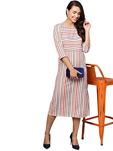 Image of INDO ERA Women's Modal Striped Ankle Length A-Line Dress (Ie19Ed7Cr1116)