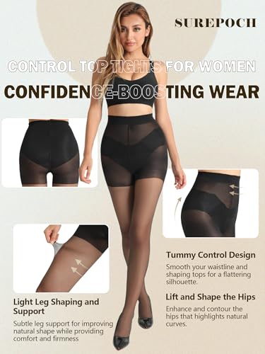SUREPOCH 20D Sheer Tights Control Top Black Pantyhose for Women Tummy Control Nylon Stockings3