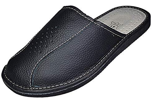 Reindeer Leather Men's Leather Slippers | Genuine Sheepskin Leather Slip-On, Odor Resistant Sole, Therapeutic Foot Bed & Traction Sole, Indoor House Sliders For Men (Black, Size 9)