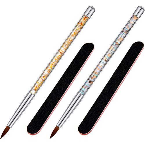 2 Pieces Acrylic Nail Brush for Acrylic Powder Application Nail Painting Polish Brush Glitter Handle Nail Art Tools with 2 Pieces Nail Files Set for Nail Art Design Home and Salon Use (No.10)