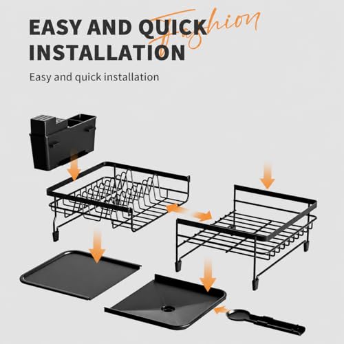 Image of HomeCloud Stainless Steel Dish Drying Rack for Kitchen Counter with Feet, 38 x 28 x 15 cm, Anti-Rust Dish Drainer with Smart Drainage Tray & Cutlery Holder (Black)