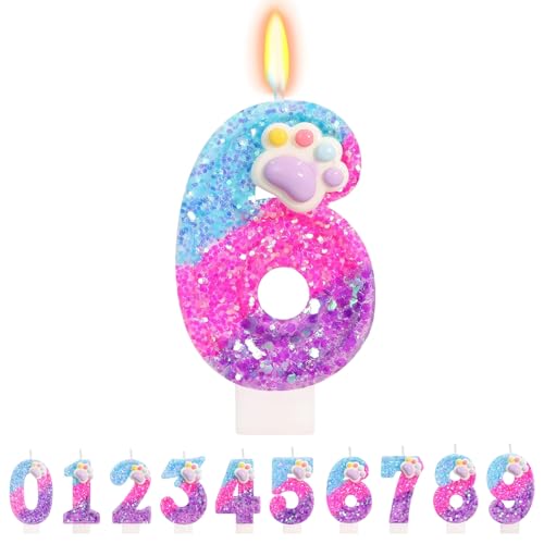 TESGADGETS Velas de cumpleaños con patas adorables – Vela con el número 6, decoración para pasteles con huellas de gatos y perros, decoraciones de cumpleaños estilo dibujo animado para niños y niñas
