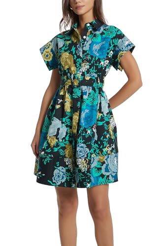 D-Sun Women Button Down Shirt Dress V-Neck Floral Printed Short Sleeve Mini Dress Casual Belted Short Party with Pocket