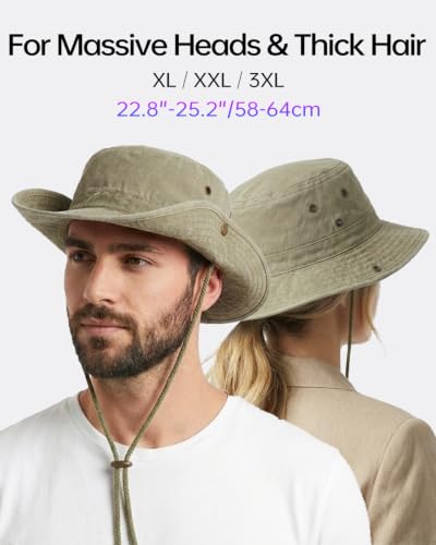 Image of Zylioo XXL Boonie Sun Hat for Big Heads, Washed Wide Floppy Brim Hiking Hat with Chin Strap, Cooling Safari Fishing Hat