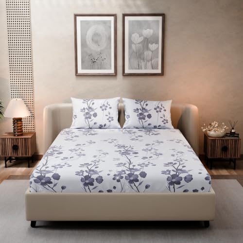 Image of BLISSHOME SoftTouch 140TC Cotton King Size Fitted Bedsheet with 2 Pillow Covers, Silky Smooth Bedding Set, Breathable, Easy Maintain, Floral Print - Violet (182cm x 198cm x 25cm Drop)