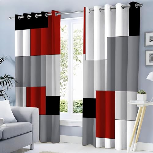 Rideaux Occultants Motif Géométrique Rideau Occultant Thermique Isolant, Rideau Imprimé Gris, Rouge et Noir avec Oeillets pour Chambre, Salon, Lot de 2...