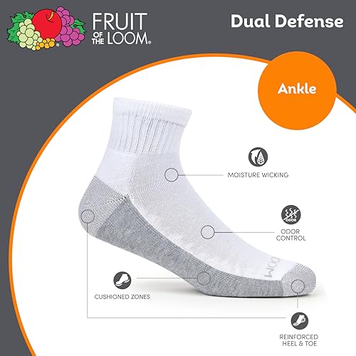 Image of Fruit of the Loom Men's Dual Defense Ankle Socks, Odor Protection with Half Cushion, Multi-Packs
