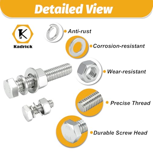 Image of Kadrick 456Pcs 18-8(304) Stainless Steel Hex Bolts Assortment,1 /4-20 5 /16-18 3 /8-16 Heavy Duty Bolts and Nuts Kit, Assorted SAE Bolts Nuts Flat&Lock Washers,Lenth Form 1 /2''-2''