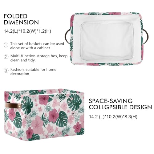 Image of Aslsiy Storage Basket Hibiscus Flower Pink Nursery Bins Monstera Leaf Baby Box Canvas Clothes Shelf Basket Laundry Hamper 2 Pcs
